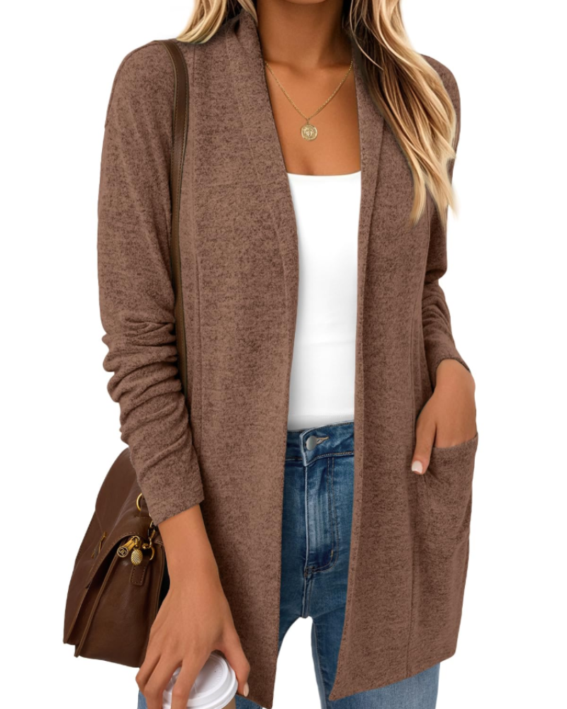 Vivian Cardigan Femme – Gilet Long Ouvert en Maille Douce avec Poches