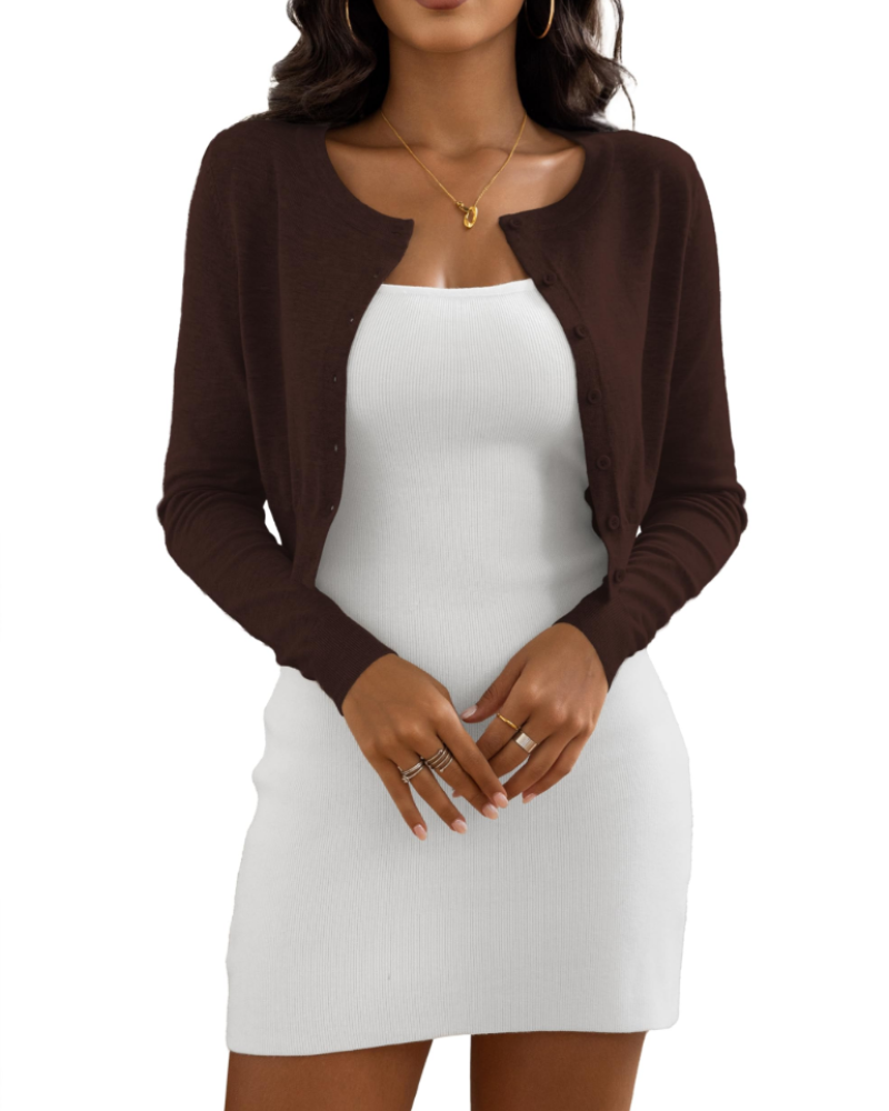 Camille Cardigan Court Femme – Gilet Maille Boutonné en Viscose avec Manches Longues