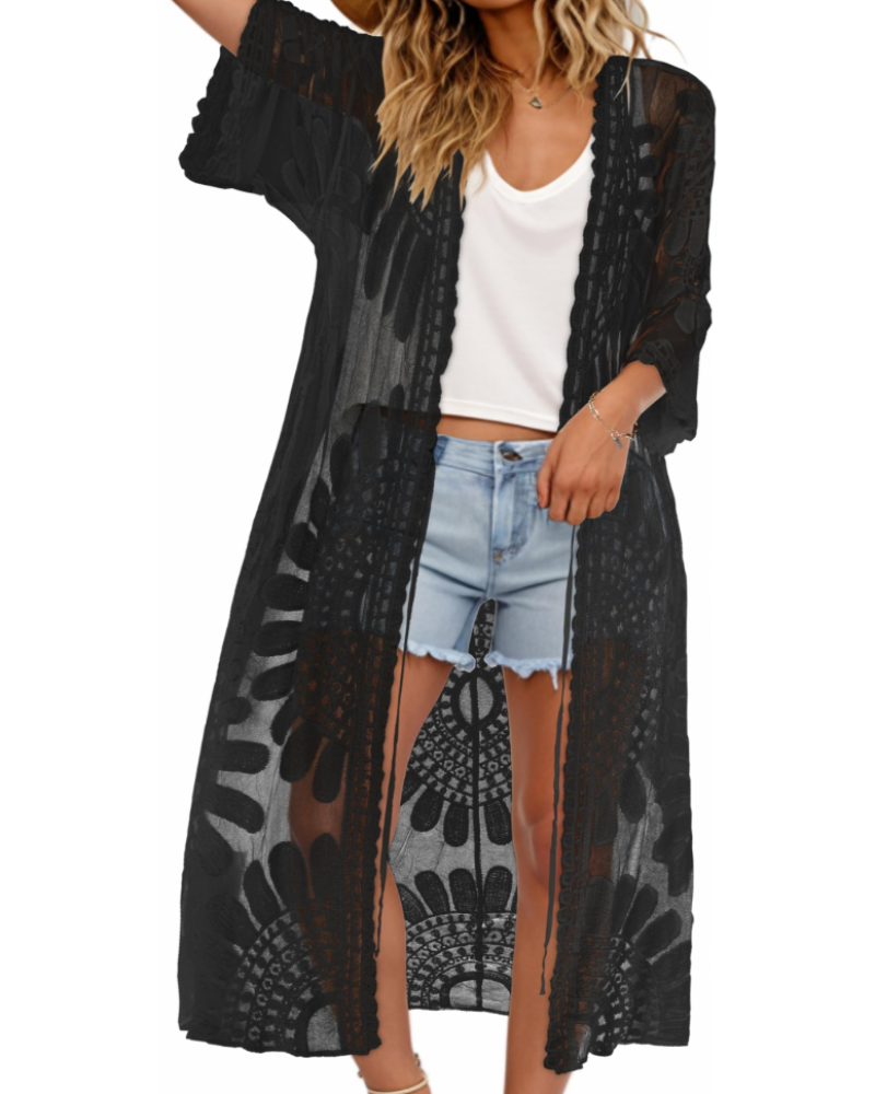 Aurora Kimono de Plage Femme – Paréo Long en Dentelle avec Manches 3/4 & Coupe Fluide
