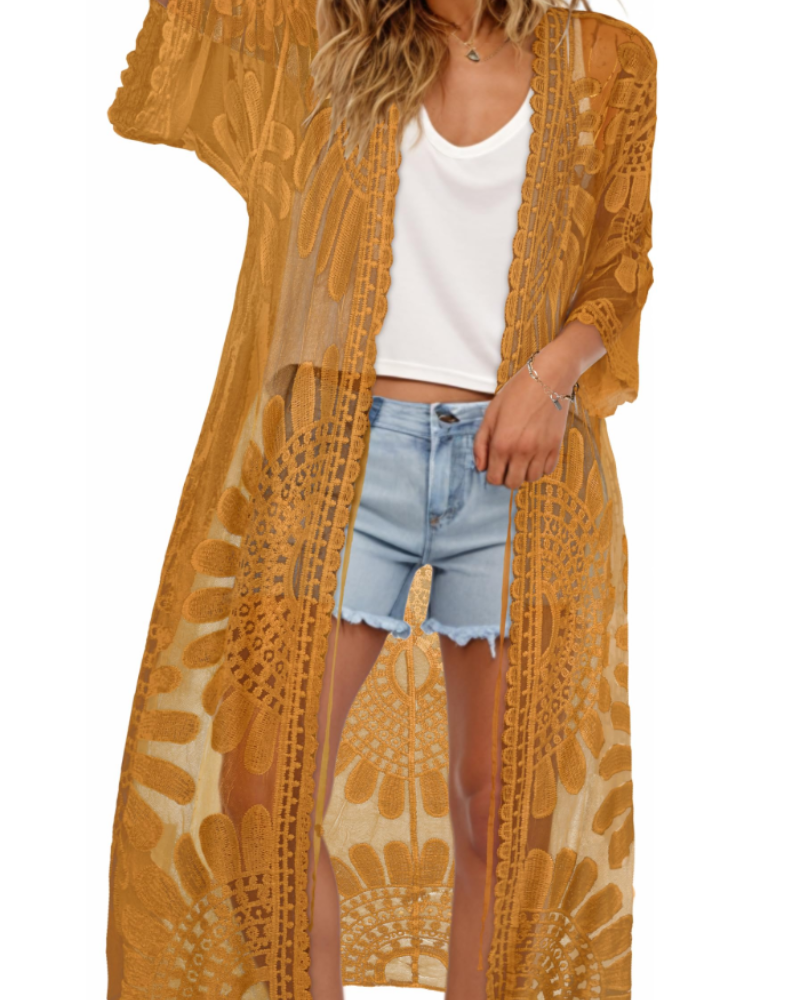 Aurora Kimono de Plage Femme – Paréo Long en Dentelle avec Manches 3/4 & Coupe Fluide
