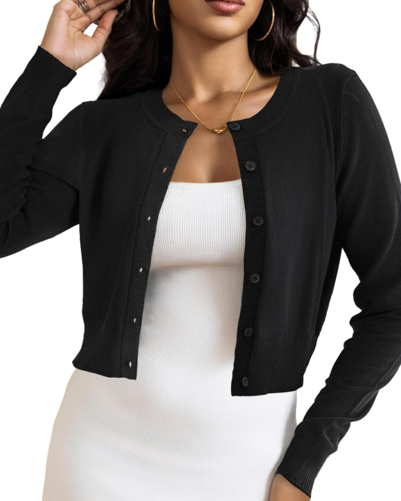 Élise Cardigan Court Femme – Gilet Maille Boutonné Stretch Léger à Manches Longues