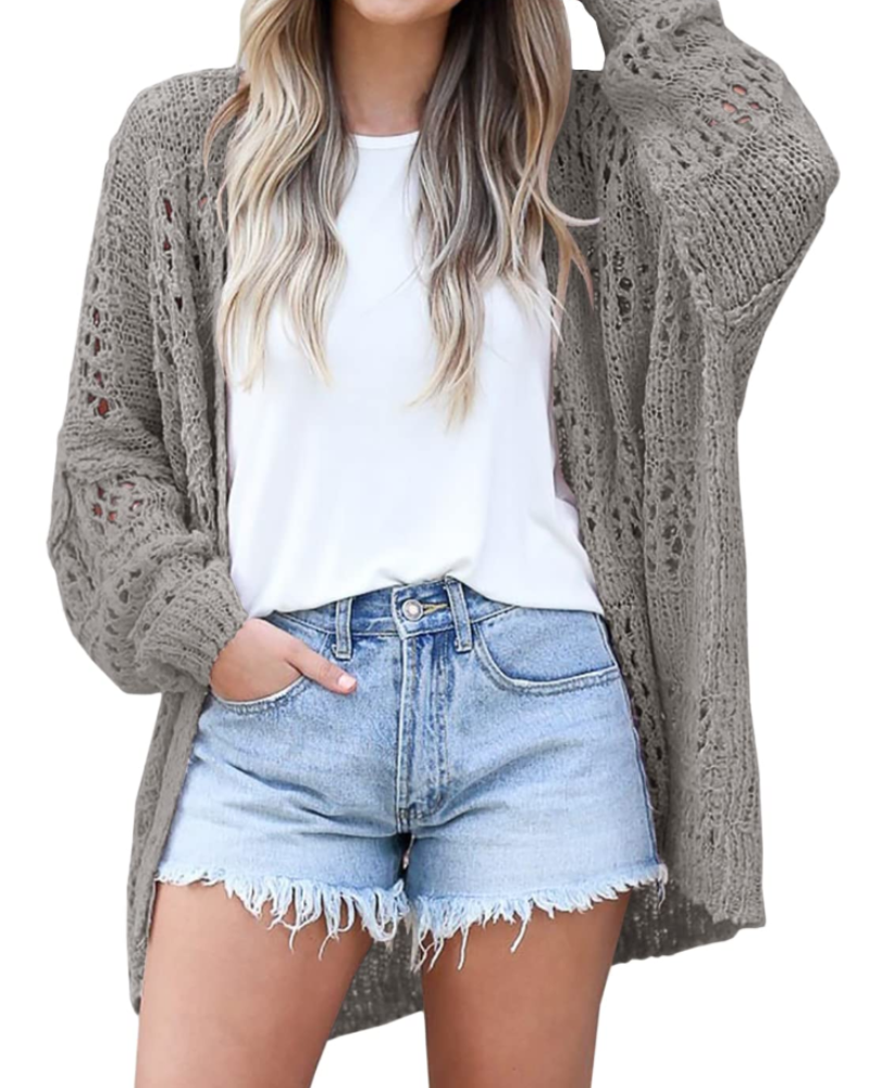Hazel Cardigan Femme – Gilet Long en Maille Crochet Ouverte à Manches Chauve-Souris