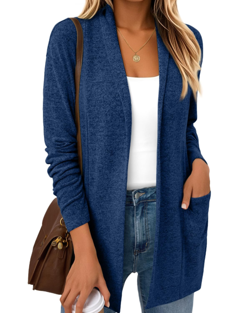 Vivian Cardigan Femme – Gilet Long Ouvert en Maille Douce avec Poches