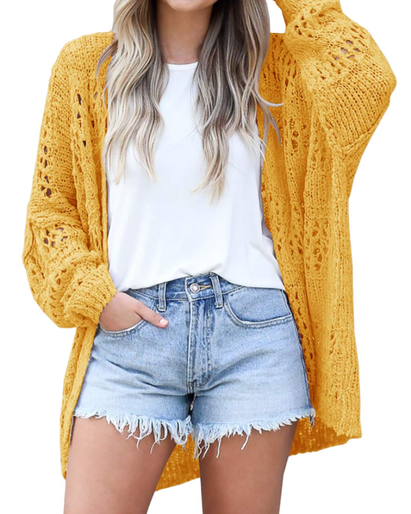 Hazel Cardigan Femme – Gilet Long en Maille Crochet Ouverte à Manches Chauve-Souris