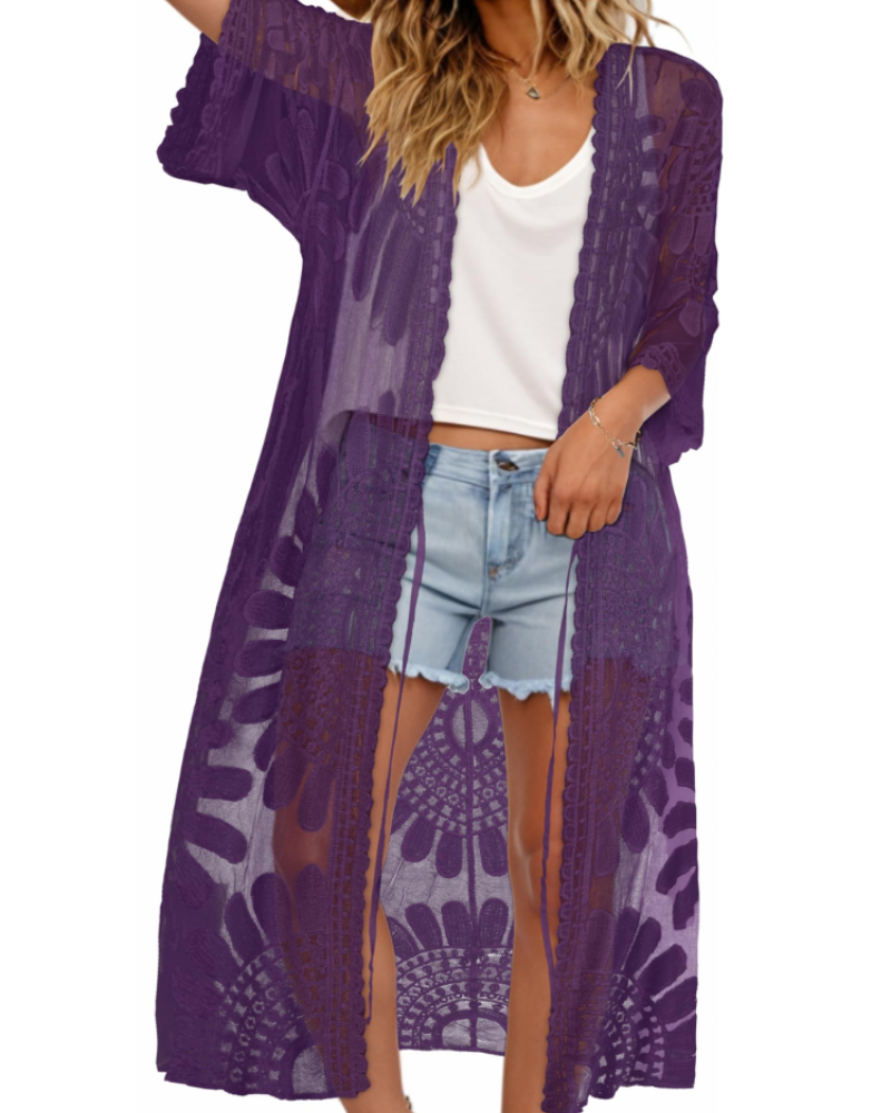 Aurora Kimono de Plage Femme – Paréo Long en Dentelle avec Manches 3/4 & Coupe Fluide