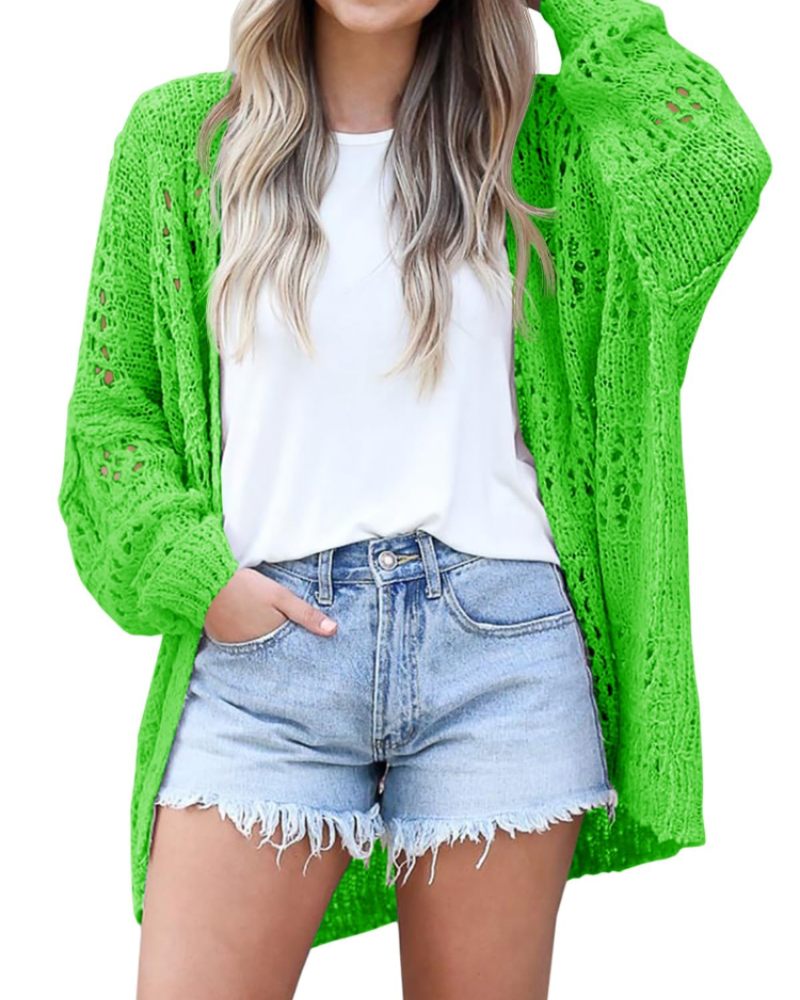 Hazel Cardigan Femme – Gilet Long en Maille Crochet Ouverte à Manches Chauve-Souris