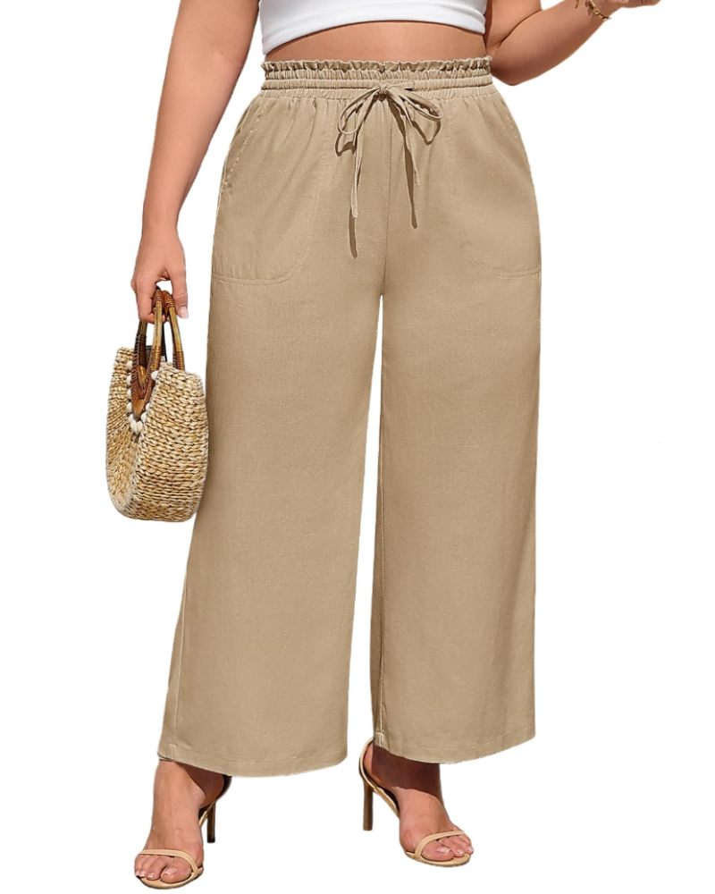 Maren Pantalon en Lin Femme – Palazzo Taille Élastique avec Cordon et Poches