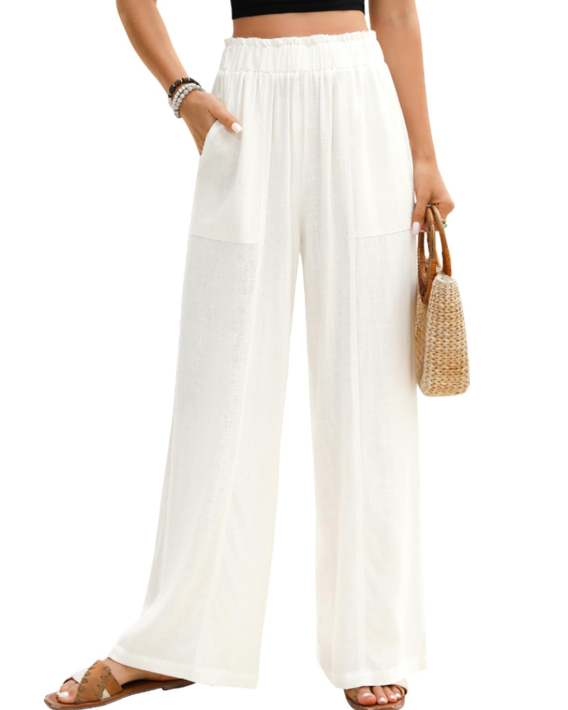 Kendall Pantalon en Lin Femme – Palazzo Taille Élastique avec Poches Coupe Fluide