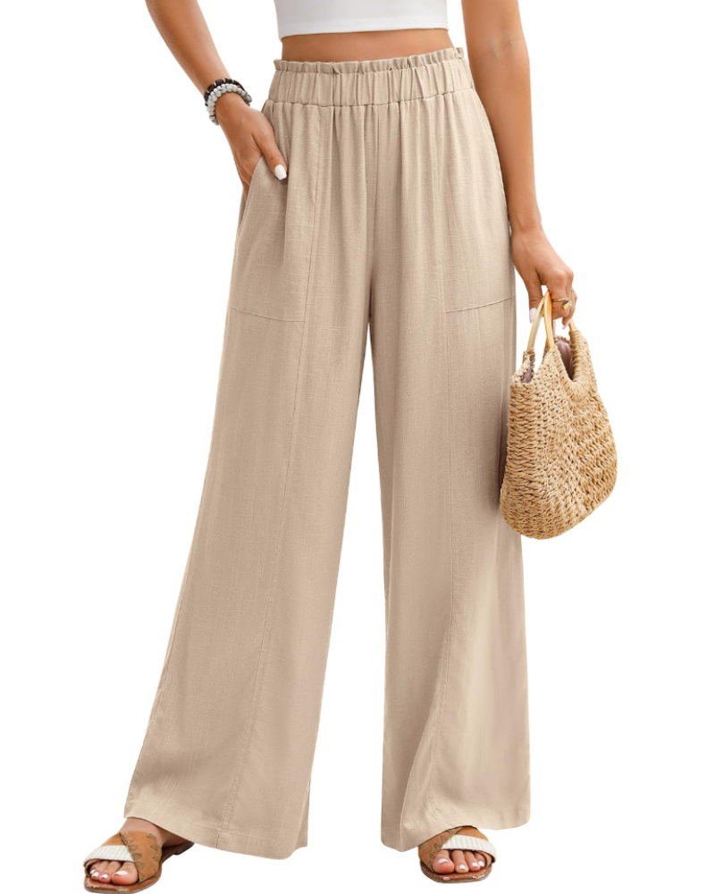 Kendall Pantalon en Lin Femme – Palazzo Taille Élastique avec Poches Coupe Fluide