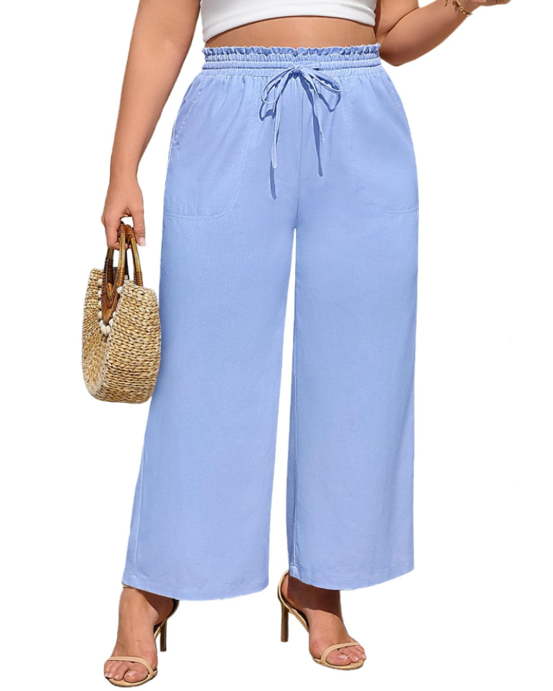 Maren Pantalon en Lin Femme – Palazzo Taille Élastique avec Cordon et Poches
