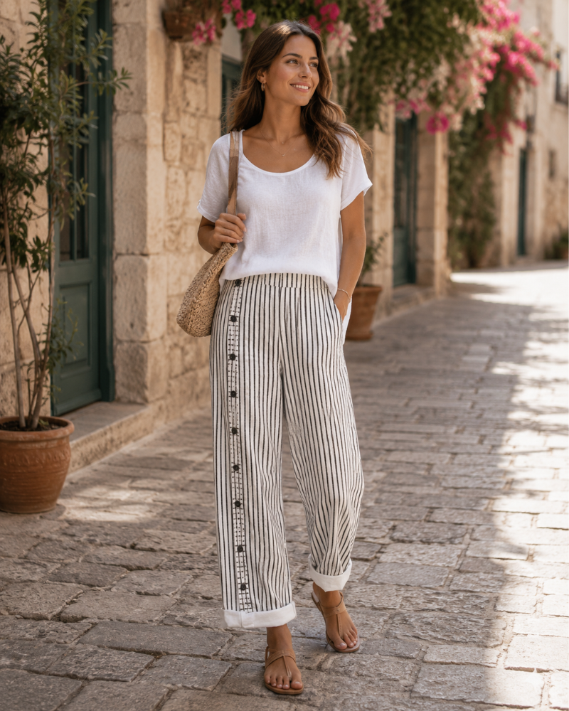 Megan Pantalon Femme – Pantalon Décontracté à Rayures avec Poches Latérales et Coupe Confortable