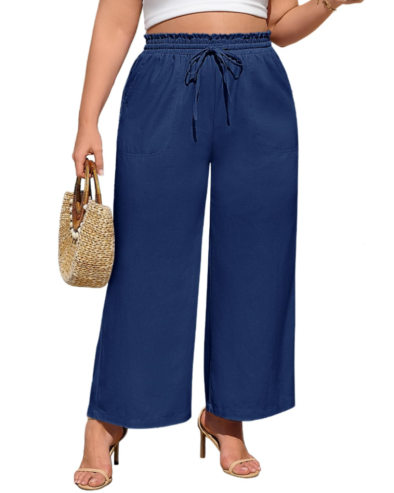 Maren Pantalon en Lin Femme – Palazzo Taille Élastique avec Cordon et Poches