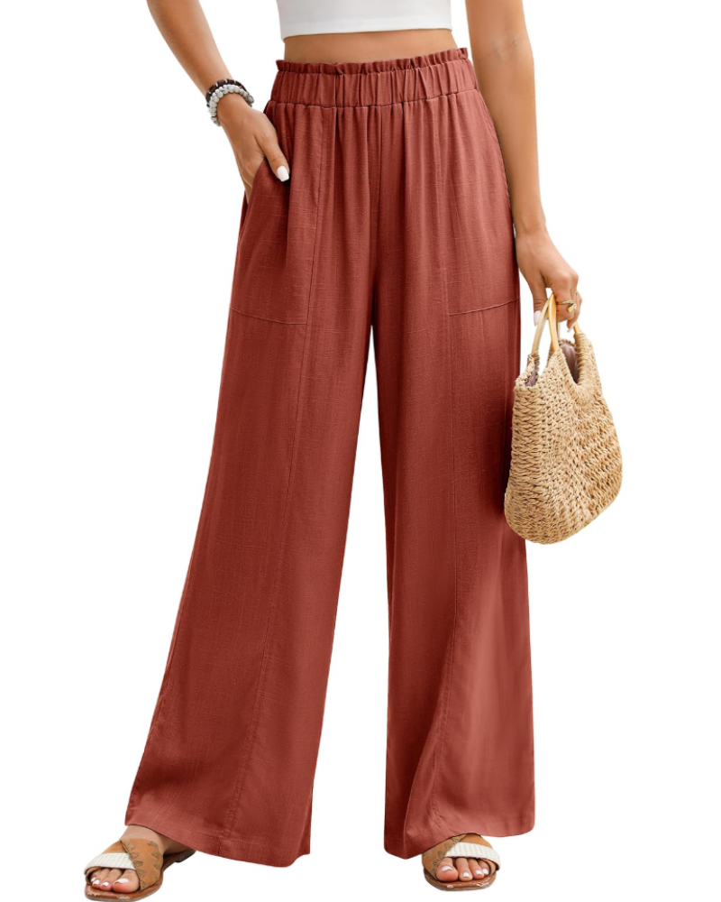 Kendall Pantalon en Lin Femme – Palazzo Taille Élastique avec Poches Coupe Fluide