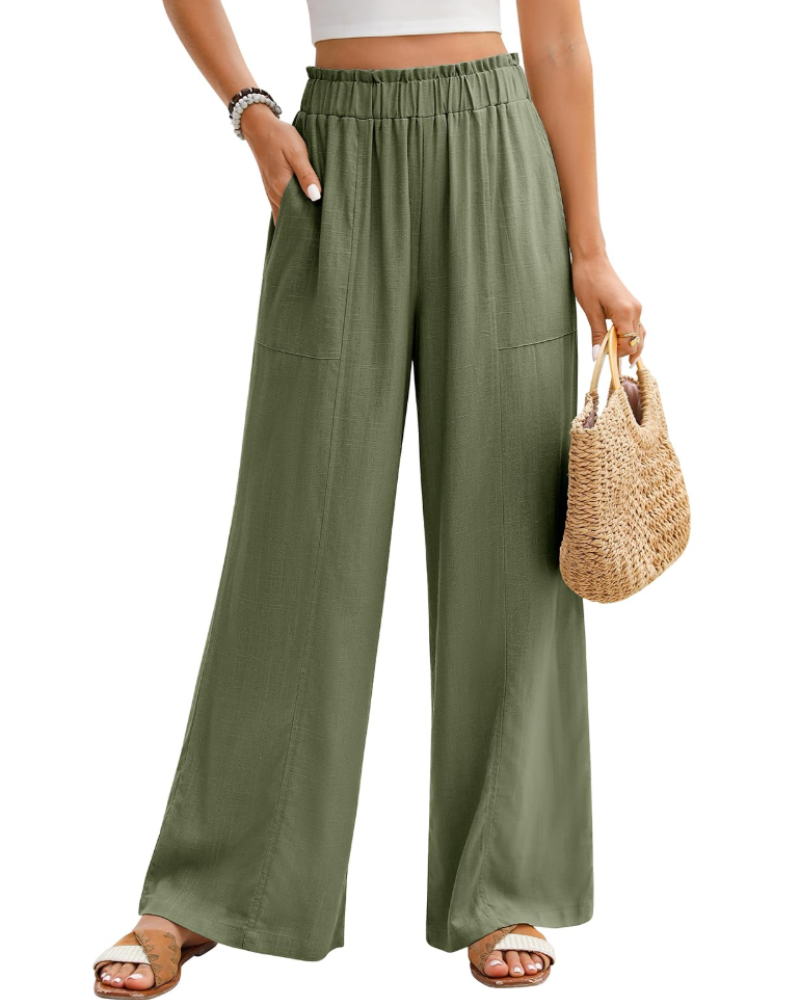 Kendall Pantalon en Lin Femme – Palazzo Taille Élastique avec Poches Coupe Fluide