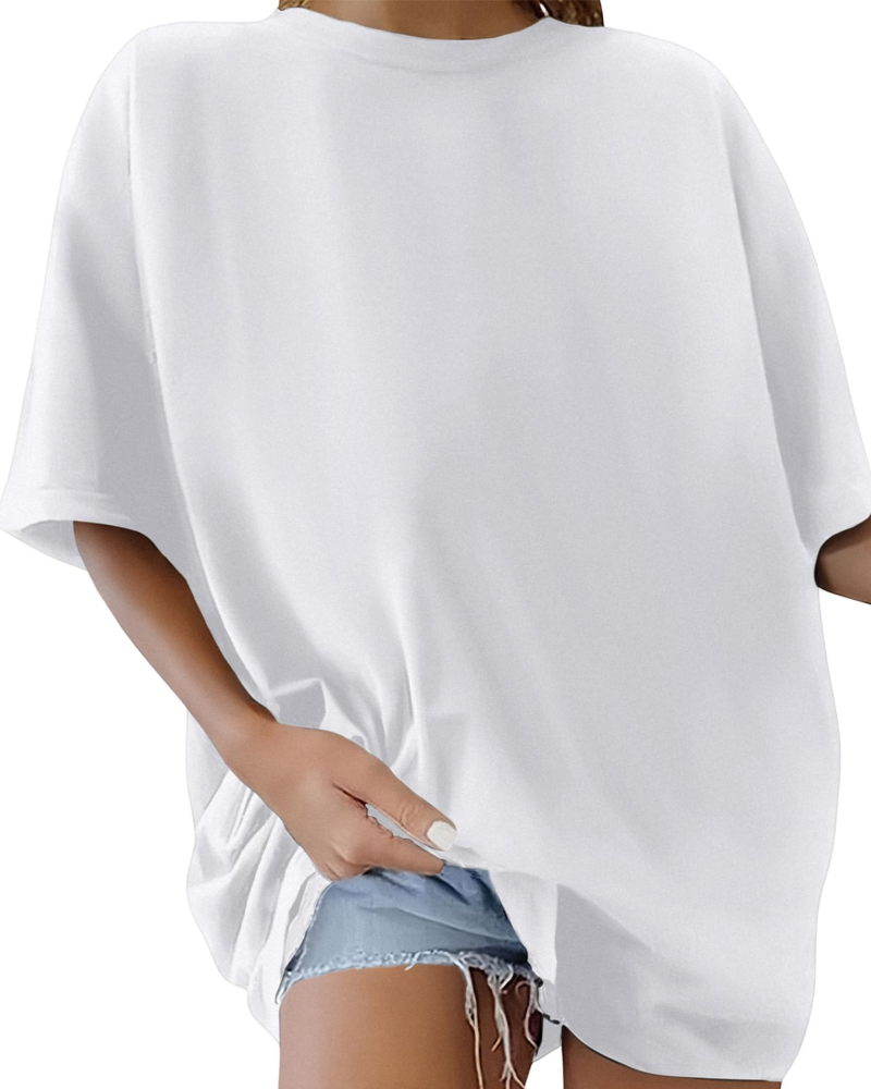 Skylar T-Shirt Oversize Femme – Haut 100 % Coton Col Rond à Manches Courtes Uni