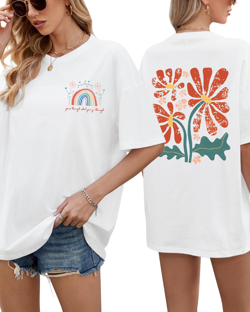 Sadie T-Shirt Oversize Femme – Haut 100 % Coton à Imprimé Floral et Arc-en-Ciel