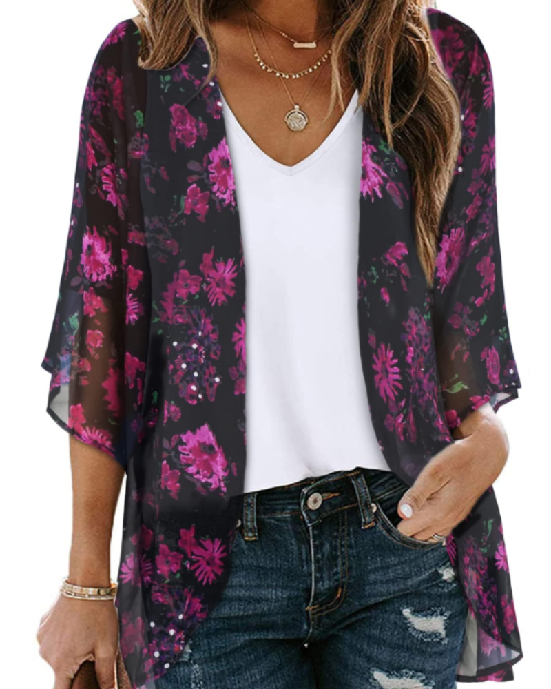 Penelope Kimono Femme – Kimono Fleuri en Mousseline Ouvert à Manches Bouffantes