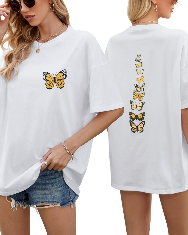 Tatum T-Shirt Oversize Femme – Haut 100 % Coton à Imprimé Papillon Col Rond Demi-Manches
