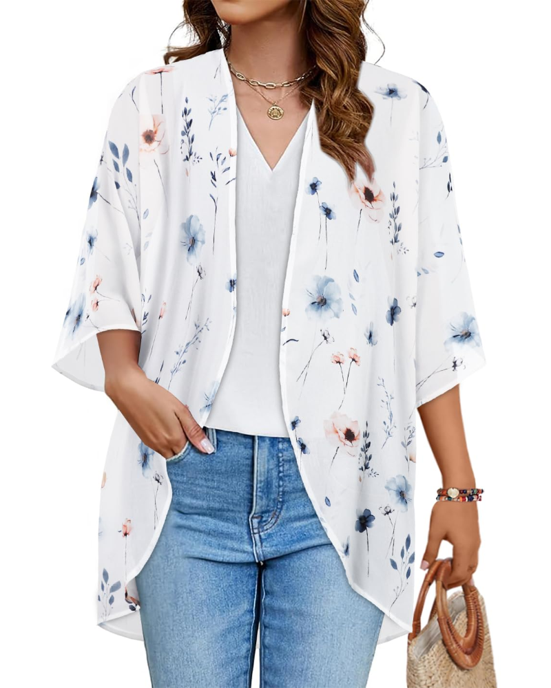 Penelope Kimono Femme – Kimono Fleuri en Mousseline Ouvert à Manches Bouffantes