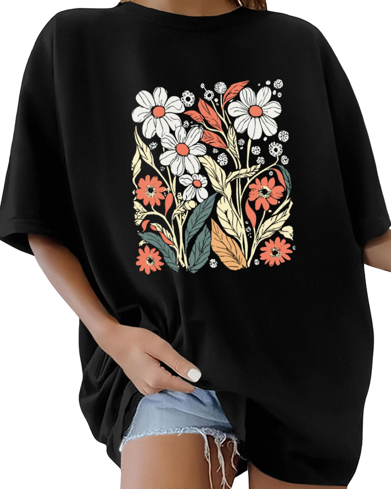 Wren T-Shirt Oversize Femme – Haut 100 % Coton à Imprimés Artistiques Col Rond