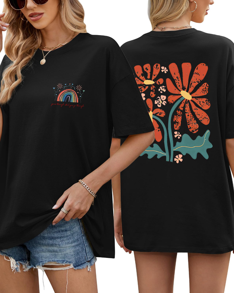Sadie T-Shirt Oversize Femme – Haut 100 % Coton à Imprimé Floral et Arc-en-Ciel