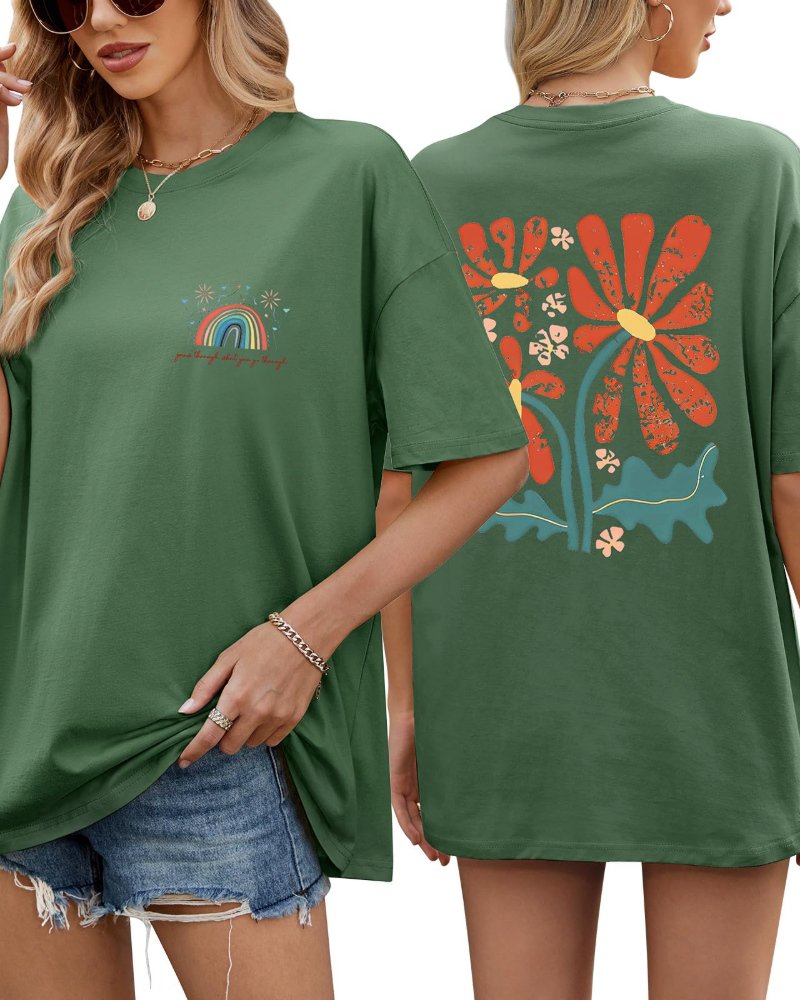 Sadie T-Shirt Oversize Femme – Haut 100 % Coton à Imprimé Floral et Arc-en-Ciel
