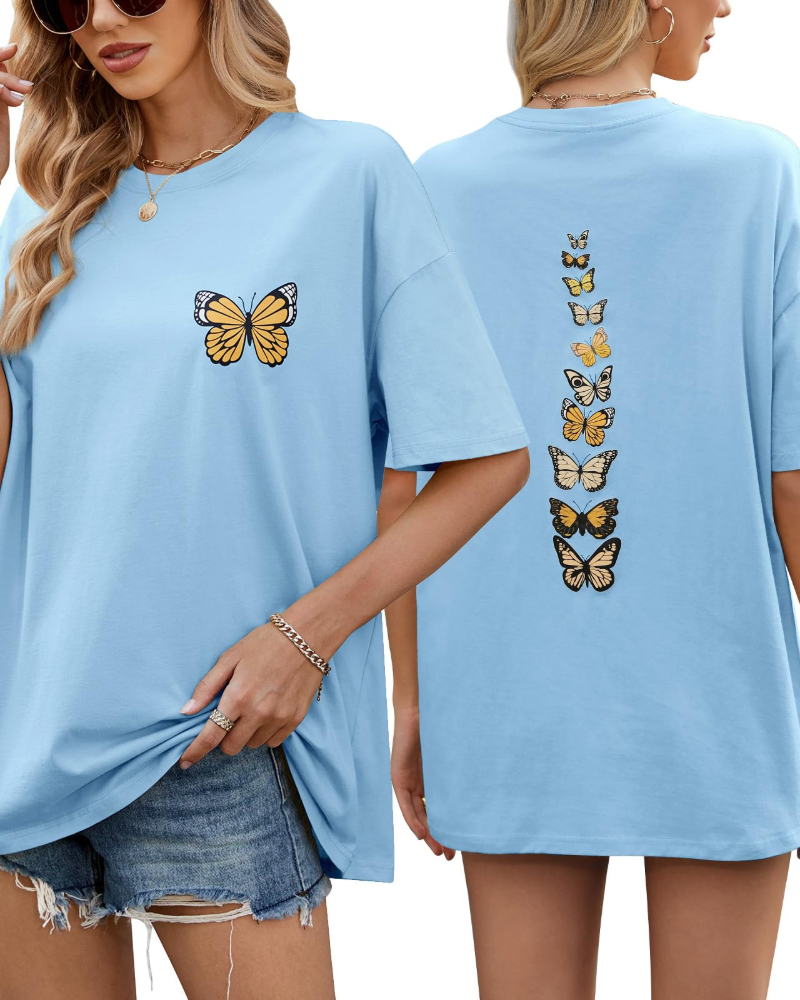 Tatum T-Shirt Oversize Femme – Haut 100 % Coton à Imprimé Papillon Col Rond Demi-Manches