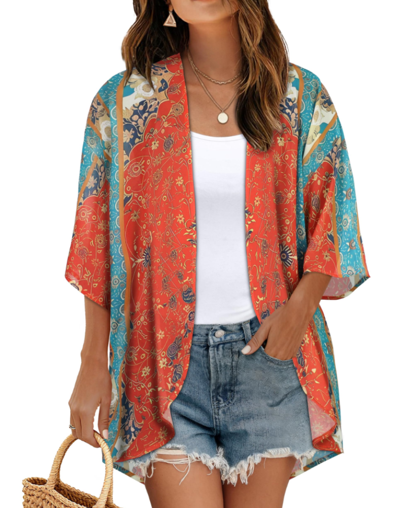 Penelope Kimono Femme – Kimono Fleuri en Mousseline Ouvert à Manches Bouffantes