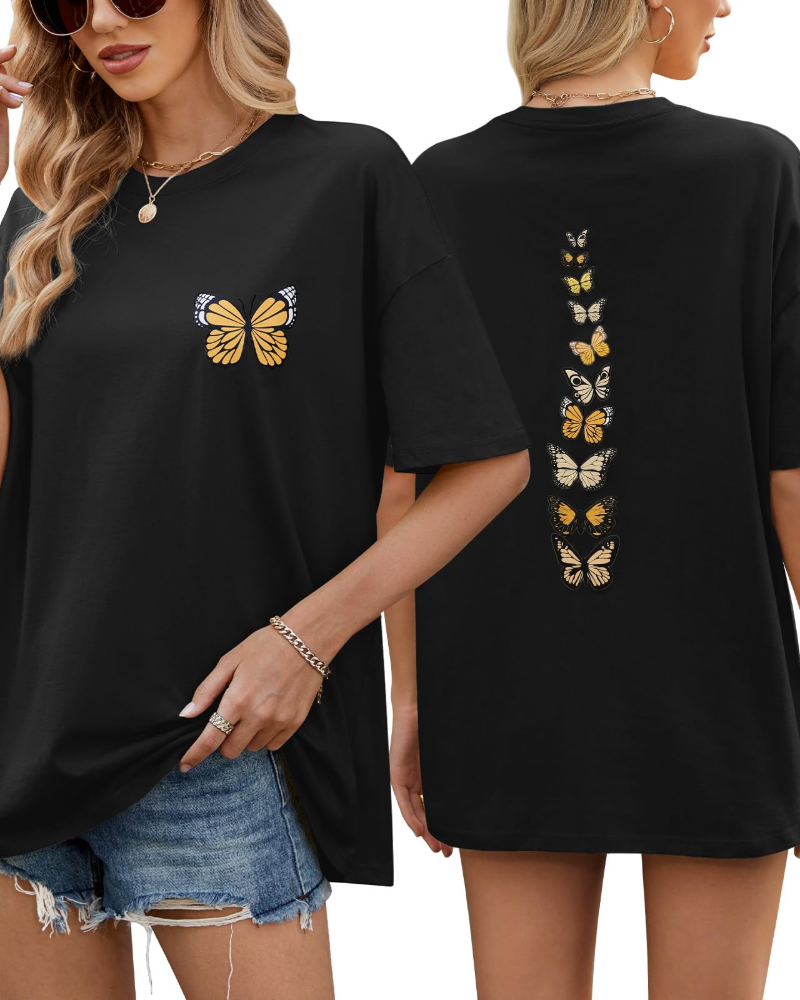 Tatum T-Shirt Oversize Femme – Haut 100 % Coton à Imprimé Papillon Col Rond Demi-Manches