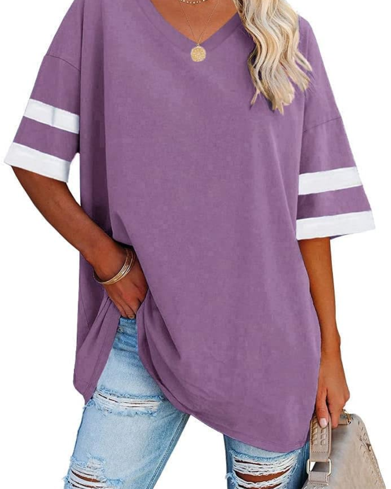Aspen T-Shirt Oversize Femme – Haut Col V Demi-Manches en Coton Mélangé Coupe Ample