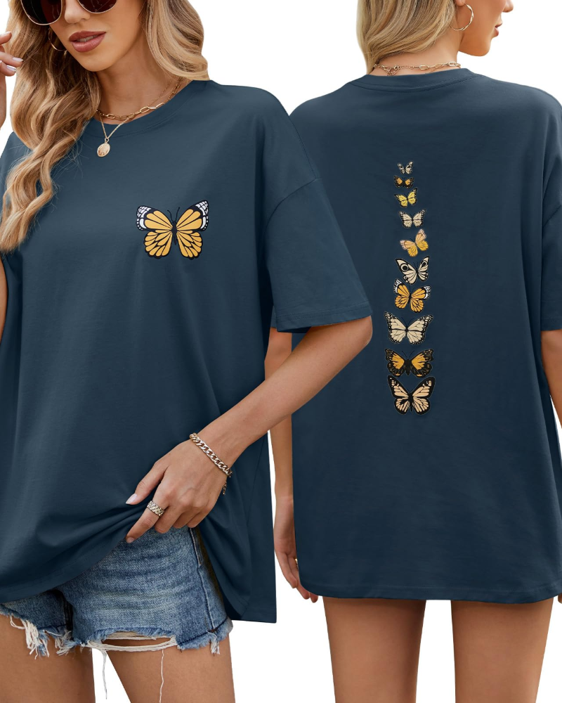 Tatum T-Shirt Oversize Femme – Haut 100 % Coton à Imprimé Papillon Col Rond Demi-Manches