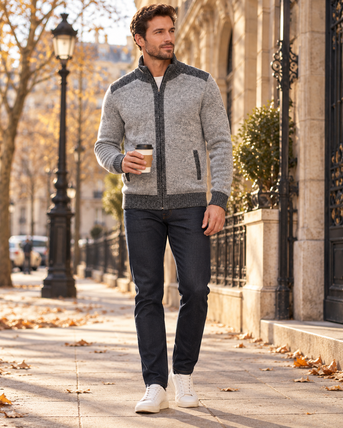 Gian Cardigan Homme Zippé en Maille - Col Montant, Doublure Écossaise et Poches Avant