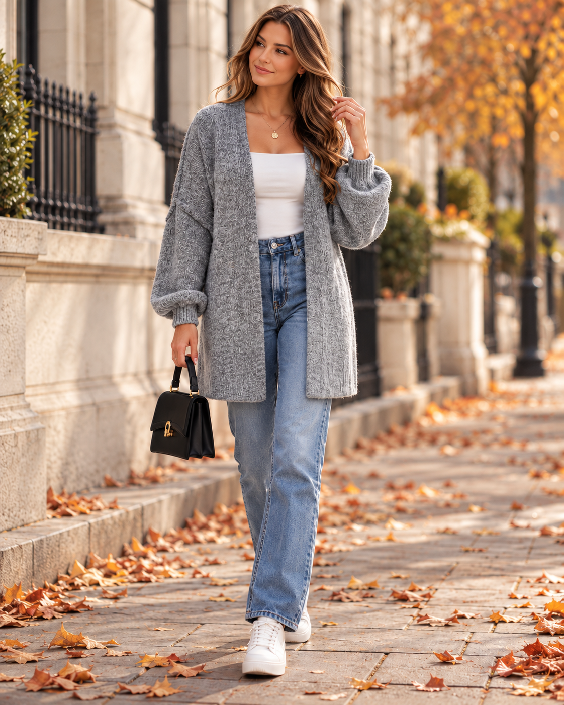 Wynona Cardigan long femme en maille ample, ouvert devant, aux épaules tombantes