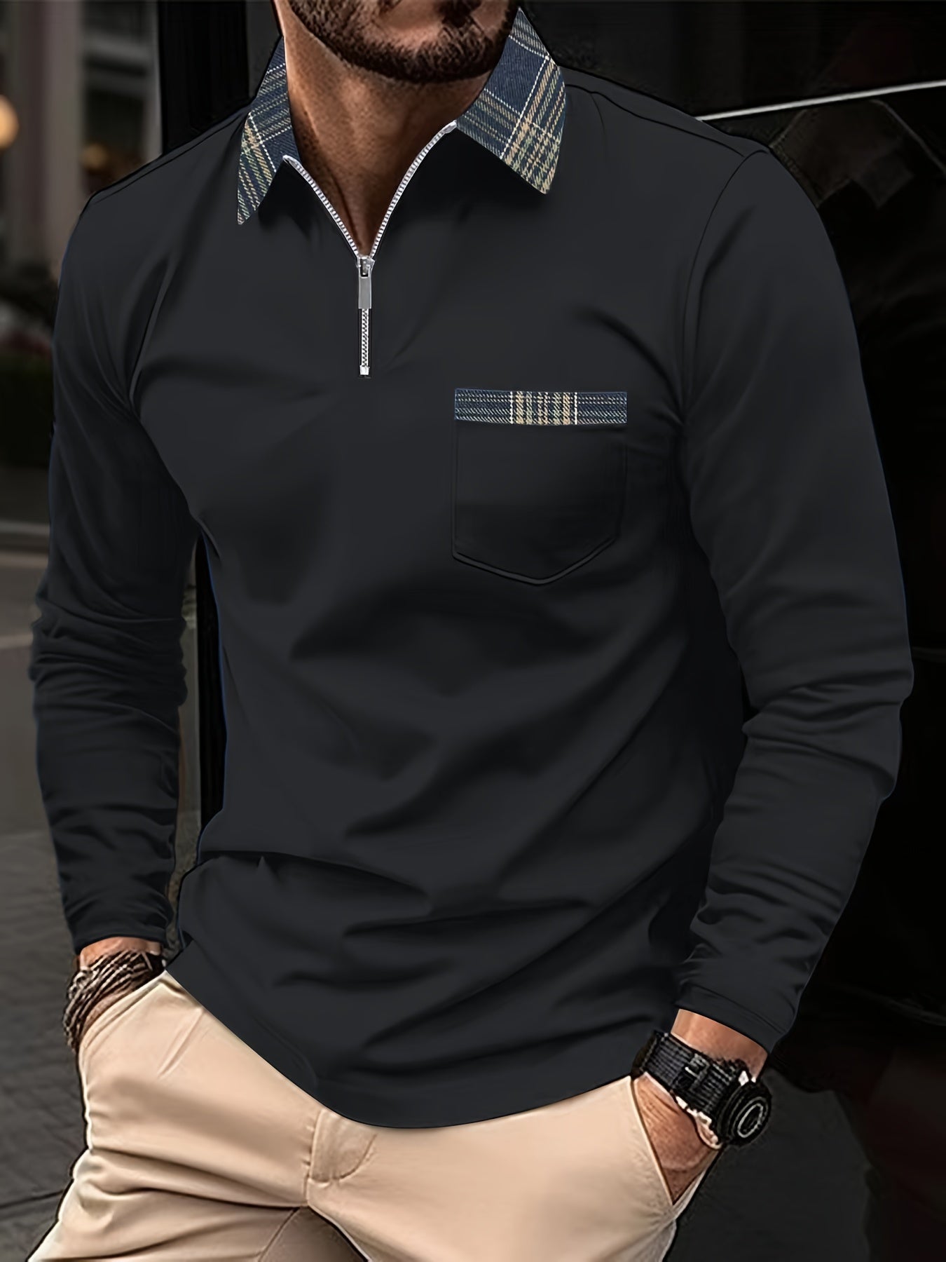 Mitchell Polo Homme à Manches Longues – Col Zippé Élégant & Motif à Carreaux Intemporel