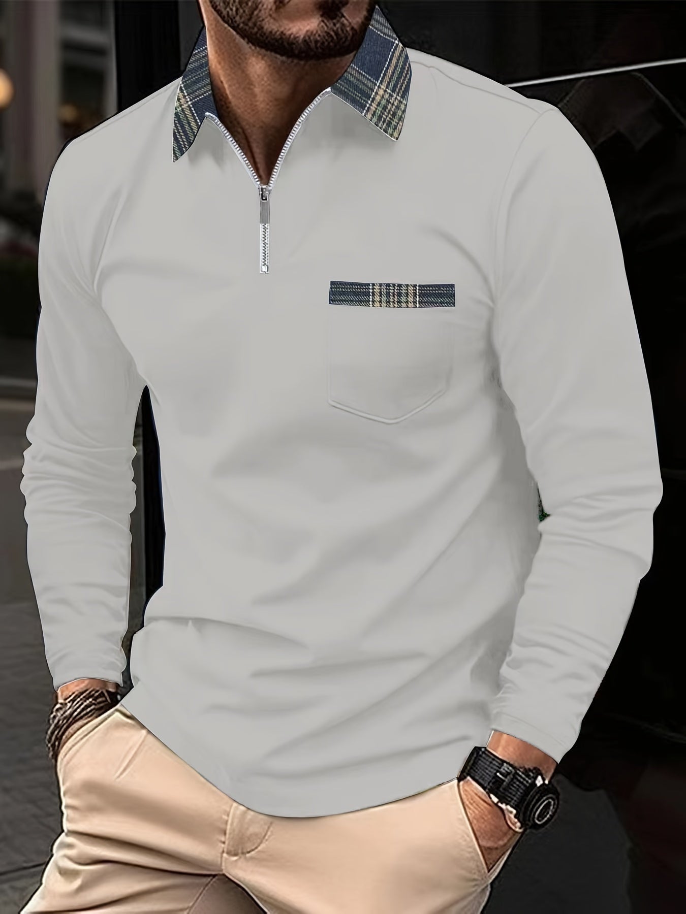Mitchell Polo Homme à Manches Longues – Col Zippé Élégant & Motif à Carreaux Intemporel