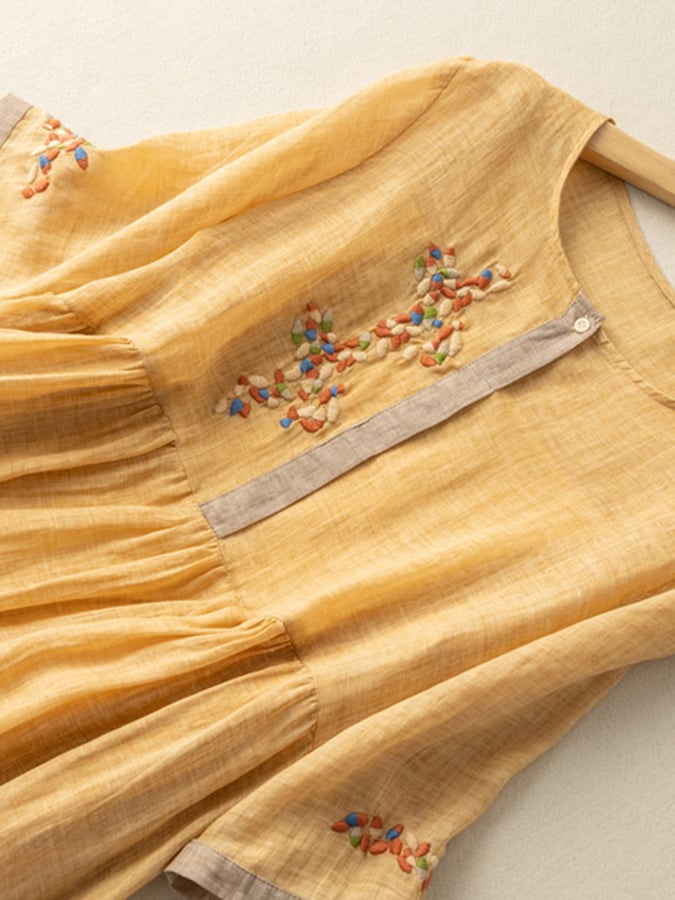 Women's Cotton and Linen Celeste Dress – Embroidered Bohemian Dress with Loose Fit and Natural Elegance