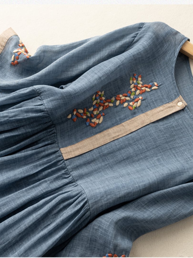 Women's Cotton and Linen Celeste Dress – Embroidered Bohemian Dress with Loose Fit and Natural Elegance