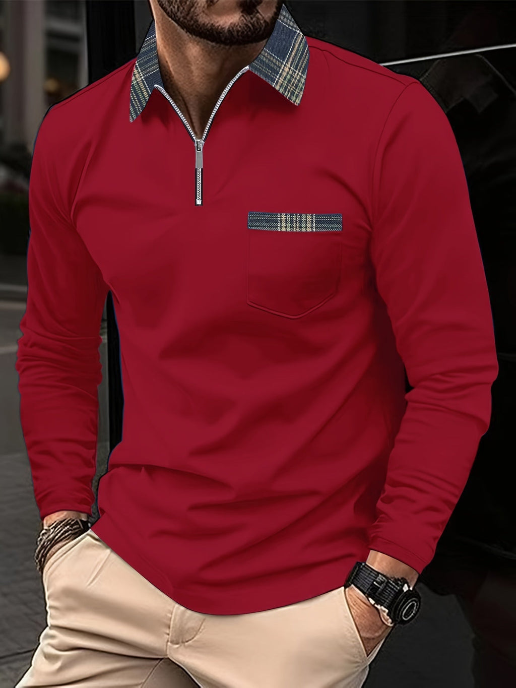Mitchell Polo Homme à Manches Longues – Col Zippé Élégant & Motif à Carreaux Intemporel