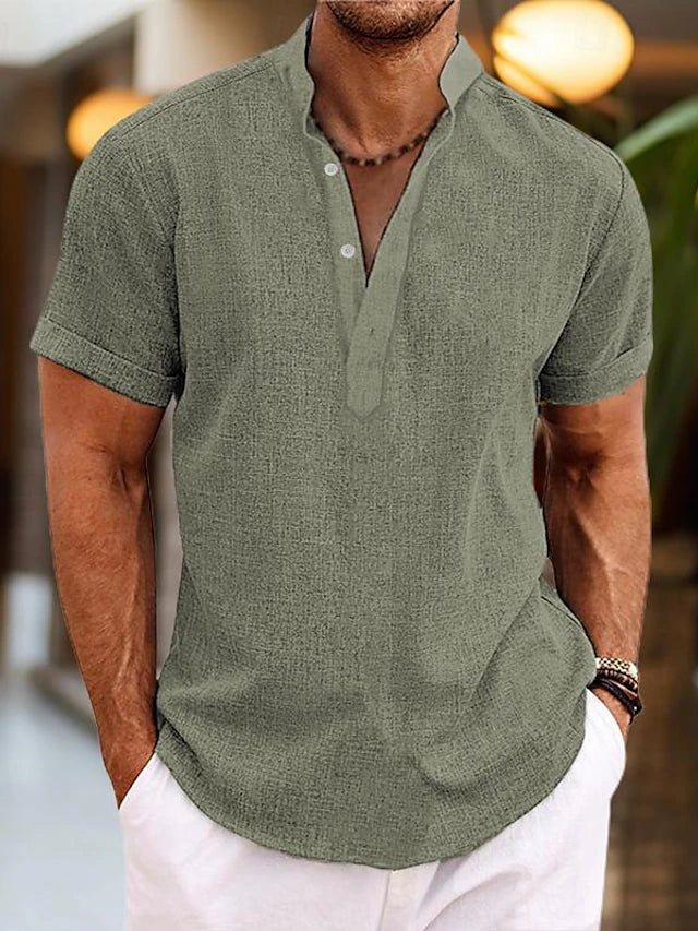 Logan Chemise Homme en Lin – Chemise d'Été Respirante avec Col Henley et Manches Courtes