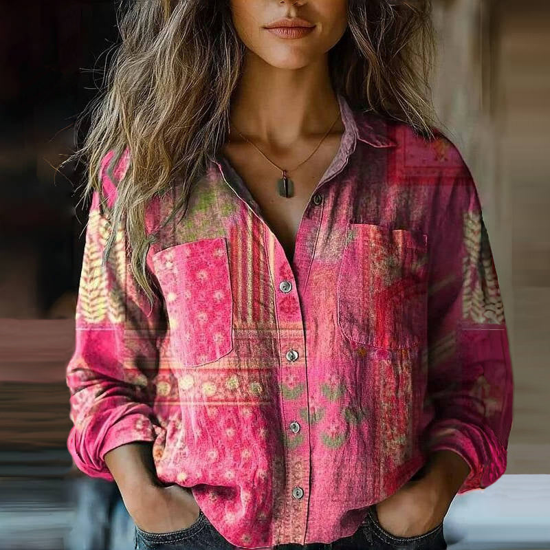 Nerina Blouse Vintage Femme – Blouse Aérée à Imprimé Ethnique avec Col à Revers et Manches Longues