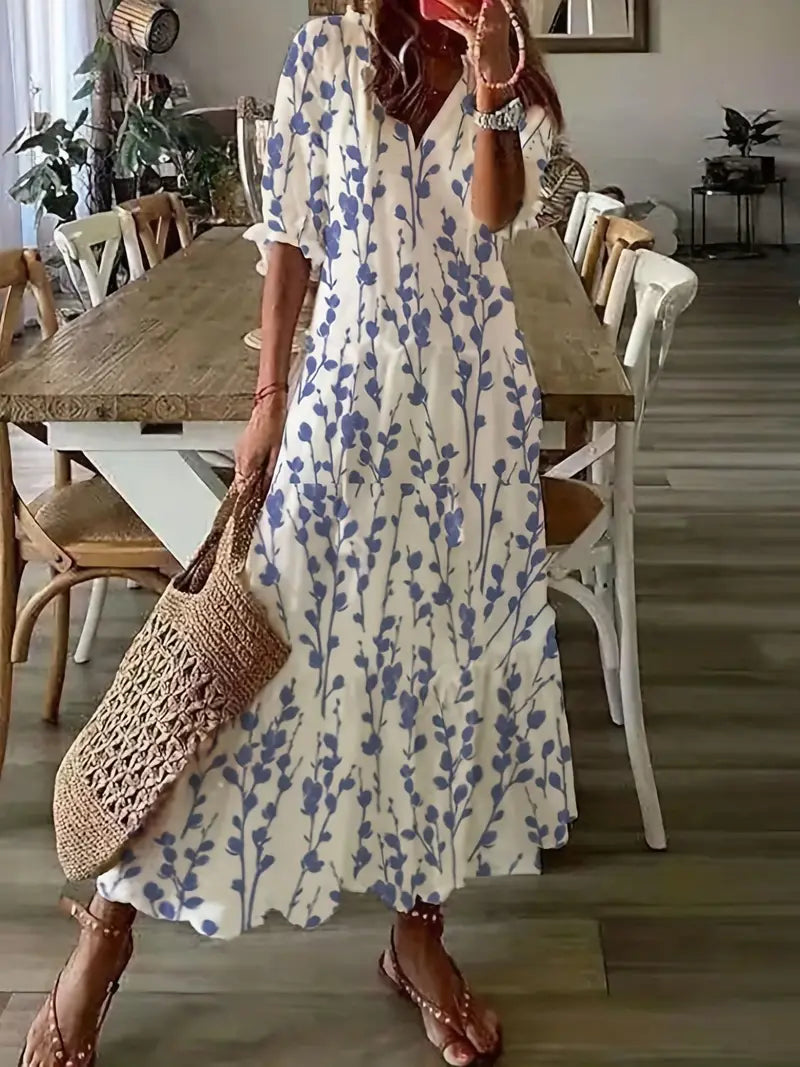 Natalie Robe Bohème Femme – Robe d'Été Élégante à Volants avec Col en V et Motif Ikat