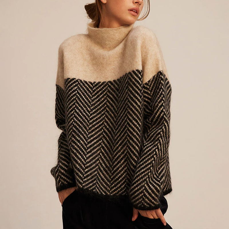 Autumn Women's Turtleneck Sweater – Cashmere Blend Sweater with Chevron Pattern and Loose Fit