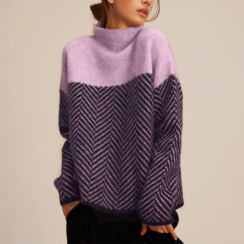 Autumn Women's Turtleneck Sweater – Cashmere Blend Sweater with Chevron Pattern and Loose Fit