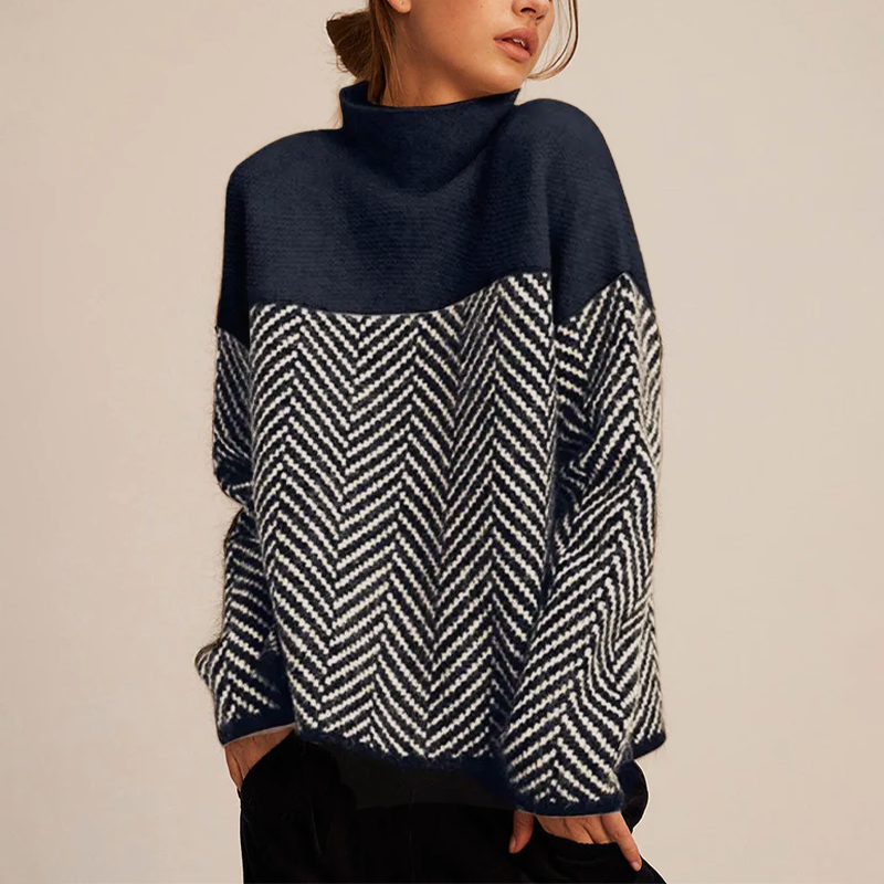 Autumn Women's Turtleneck Sweater – Cashmere Blend Sweater with Chevron Pattern and Loose Fit