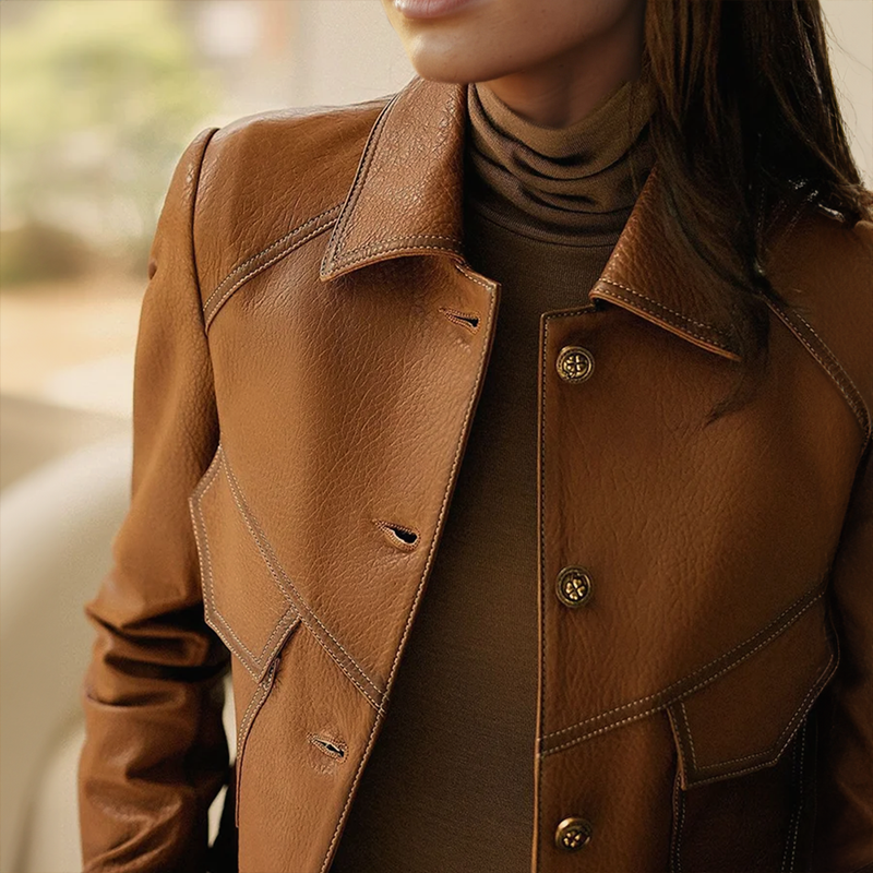 Grace Veste Femme en Cuir – Veste Élégante avec Col Raffiné, Poches Pratiques et Fermeture à Boutons