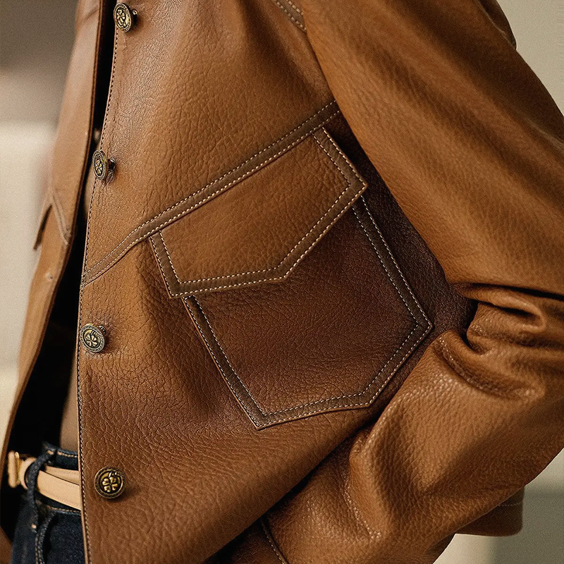 Grace Veste Femme en Cuir – Veste Élégante avec Col Raffiné, Poches Pratiques et Fermeture à Boutons