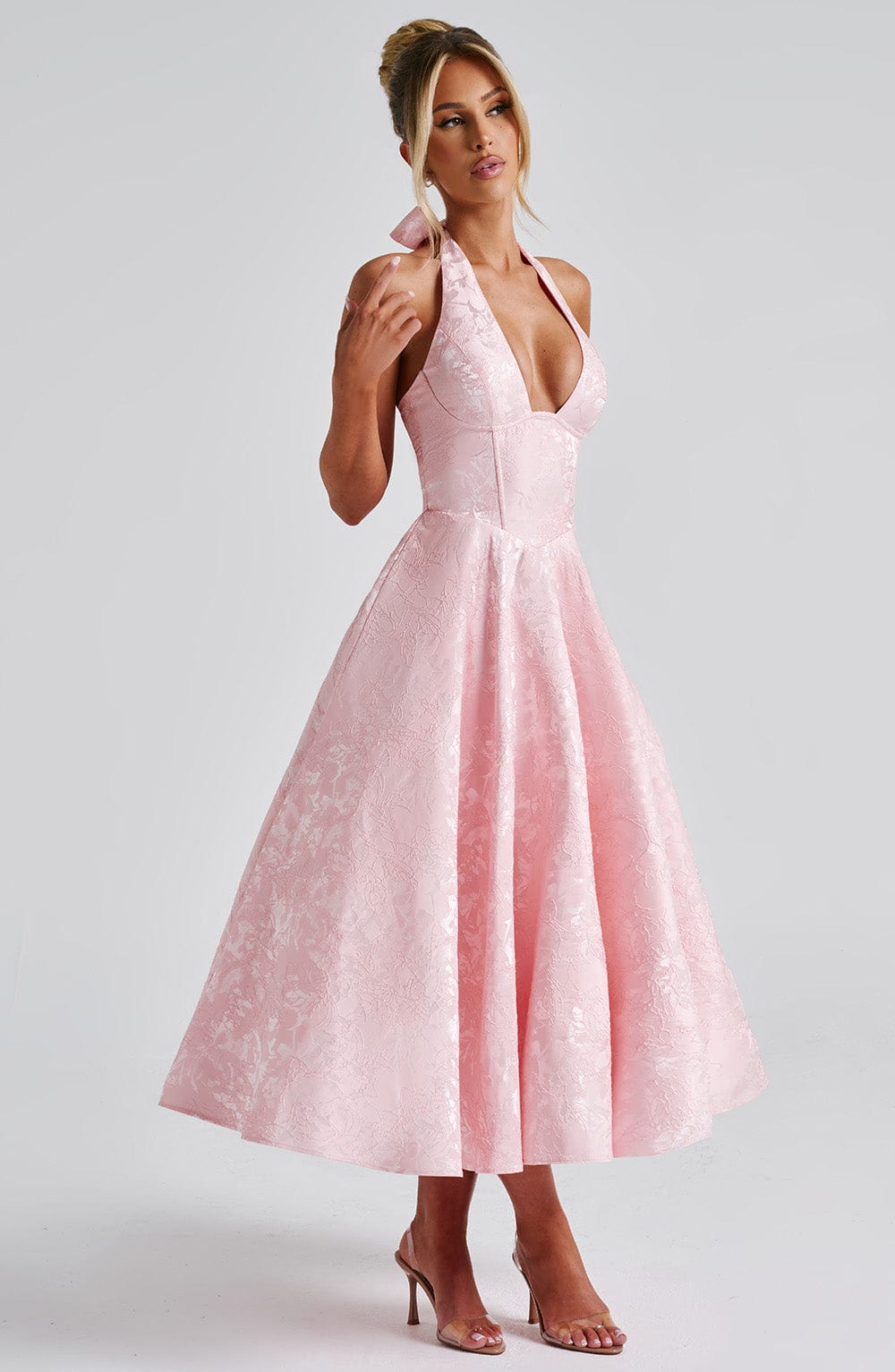 Léa Robe Midi Femme – Robe Dos Nu en Jacquard Floral avec Corsage Ajusté & Jupe Évasée