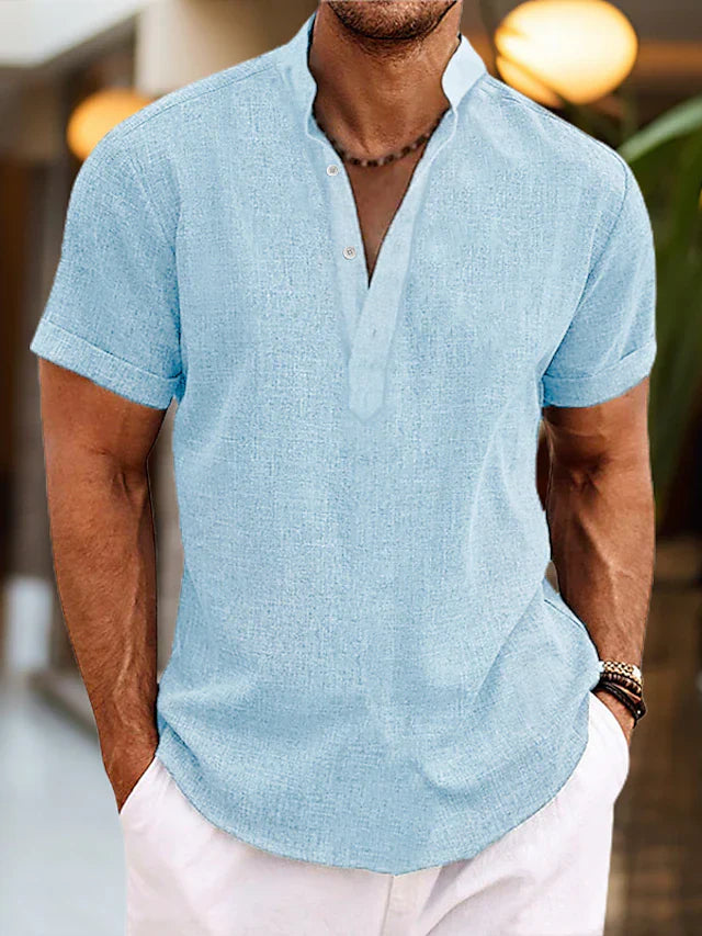 Logan Chemise Homme en Lin – Chemise d'Été Respirante avec Col Henley et Manches Courtes