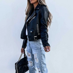 Rosalind Veste Femme en Cuir – Veste Élégante avec Col Montant, Ceinture et Cuir Premium