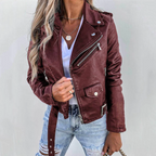 Rosalind Veste Femme en Cuir – Veste Élégante avec Col Montant, Ceinture et Cuir Premium